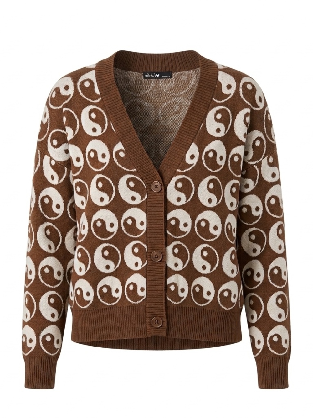 Nikka K Brown Yin Yang Pattern Button Front Cardigan Sweater Large
